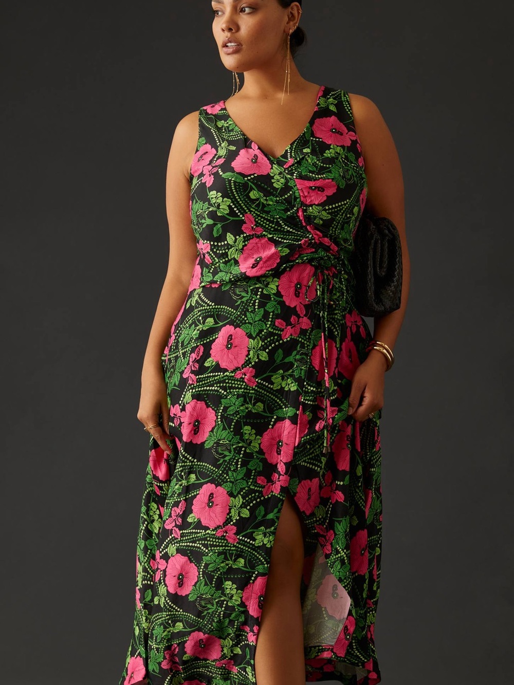 Anthropologie Maeve Ruched Midi Dress Womens 16W Pink Floral NWT Front Slit